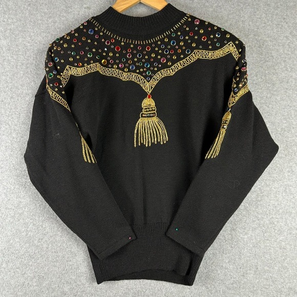 Vintage Antonella Preve NY Gold Tassels & 80's Bling Sweater Size Medium - Picture 1 of 11